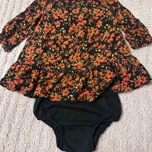 Baby GAP Floral Dress w Bloomers 6-12M Black Orange Fall Smocked Long Sleeve